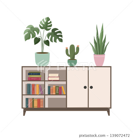 Modern sideboard with books on shelves and various potted indoor plants on top surface Modern sideboard with books on shelves and various potted indoor plants on top surface 139072472