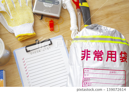 一張災難應急包的俯拍照片。 一張災難應急包的俯拍照片。 139072614