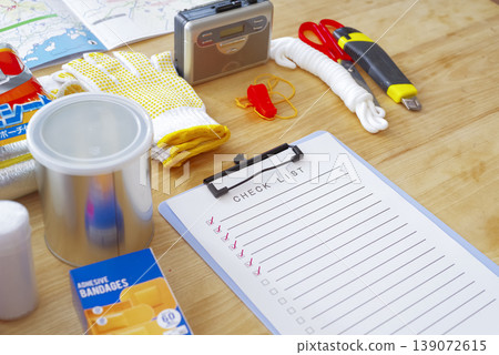An overhead photograph of a disaster preparedness kit. 139072615