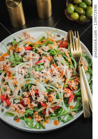 Fresh Tuna Salad with Onions and Cherry Tomatoes. Italian Mediterranean Cuisine 139072696