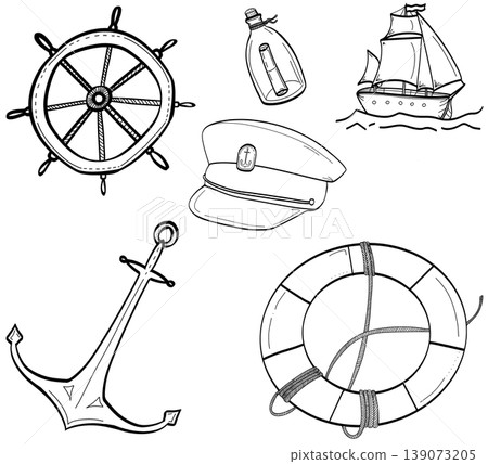 A collection of nautical-themed line art illustrations including a sailing ship, captain's hat, anchor, lifebuoy, steering wheel, and message in a bottle. Isolated hand-drawn sketches for marine desig A collection of nautical-themed line art illustrations including a sailing ship, captain's hat, anchor, lifebuoy, steering wheel, and message in a bottle. Isolated hand-drawn sketches for marine desig 139073205