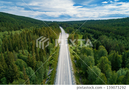 A long, empty road stretches through a vibrant green forest, blending coniferous and deciduous trees. A long, empty road stretches through a vibrant green forest, blending coniferous and deciduous trees. 139073292