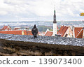 Pigeon perched on a rooftop with a blurred cityscape and panoramic view of Tallinn, Estonia, old town with red roofs, churches, and Baltic sea in the distance. Historic architecture and urban 139073400
