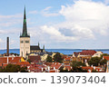 Panoramic view of Tallinn, capital of Estonia, showcasing historic architecture, medieval churches, red rooftops, and the Baltic sea in the background. Aerial view of old town. St. Olaf church tower 139073404