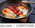 Close up of two fried eggs cooked with cherry tomatoes in a frying pan on a dark table, with a wooden spatula. Breakfast scene 139073408