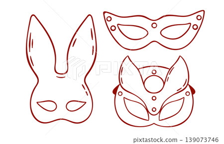 Hand-drawn red line icon of a BDSM leather mask with straps. Simple doodle style for adult entertainment product illustrations Hand-drawn red line icon of a BDSM leather mask with straps. Simple doodle style for adult entertainment product illustrations 139073746