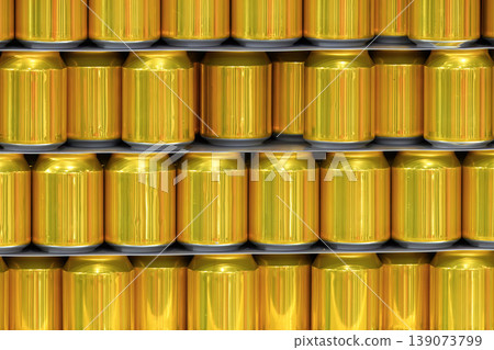 Close-up of a stack of premium golden aluminum drinking cans in an organized rows. Close-up of a stack of premium golden aluminum drinking cans in an organized rows. 139073799