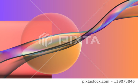 Abstract background featuring a dynamic holographic wavy stream crossing a translucent sphere and geometric shapes, creating a modern gradient composition Abstract background featuring a dynamic holographic wavy stream crossing a translucent sphere and geometric shapes, creating a modern gradient composition 139073846