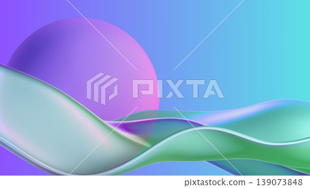 Abstract 3d sphere art with dynamic iridescent waves creating a holographic fluid surface against a vibrant purple and blue gradient background, minimalism concept 139073848