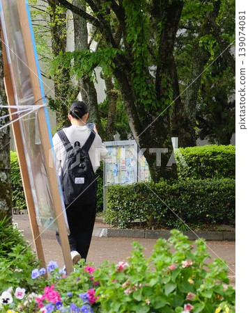 大學生們沿著綠樹成蔭的街道行走 大學生們沿著綠樹成蔭的街道行走 139074081