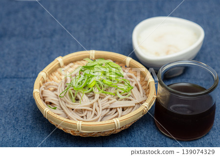 Soba noodles served in a small basket; a traditional Japanese noodle dish called Tororo Soba. Soba noodles served in a small basket; a traditional Japanese noodle dish called Tororo Soba. 139074329