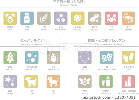 食物、吸入和接觸性過敏原 - 彩色背景 139074391
