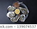 Khasan oysters, live, fresh, opened. Served with classic French Mignonette sauce and half a lemon. Blue plate, black background. Selective focus, close-up. 139074537