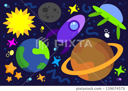 Outer space adventure set with planets, rocket, UFO and stars for kids. Vector illustration 139074578