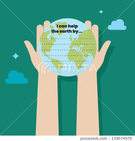 Hand holding earth globe with writing prompt. Hand holding earth globe with writing prompt. 139074979
