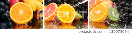 Dynamic water splash on vibrant fresh fruits with orange banana grape kiwi grapefruit and pomegranate slices in juicy closeup composition Dynamic water splash on vibrant fresh fruits with orange banana grape kiwi grapefruit and pomegranate slices in juicy closeup composition 139075084