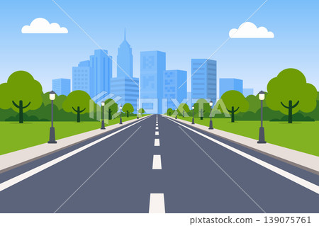 Straight asphalt road to city skyline with green trees and street lamps in flat vector style. 139075761