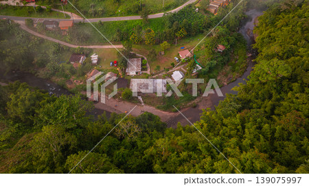 Drone Shot of bridge at Sapan Village Covered by Morning Fog Drone Shot of bridge at Sapan Village Covered by Morning Fog 139075997