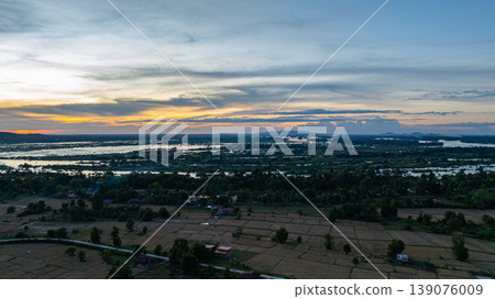 Aerial Landscape of the Red Bridge and Mekong River Valley at Sunset Aerial Landscape of the Red Bridge and Mekong River Valley at Sunset 139076009