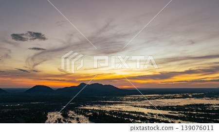 Aerial Landscape of the Red Bridge and Mekong River Valley at Sunset Aerial Landscape of the Red Bridge and Mekong River Valley at Sunset 139076011