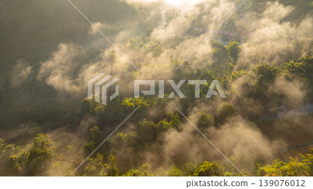 Aerial Sea of Tranquil Mountain Sunrise Over Misty Sapan Village Aerial Sea of Tranquil Mountain Sunrise Over Misty Sapan Village 139076012