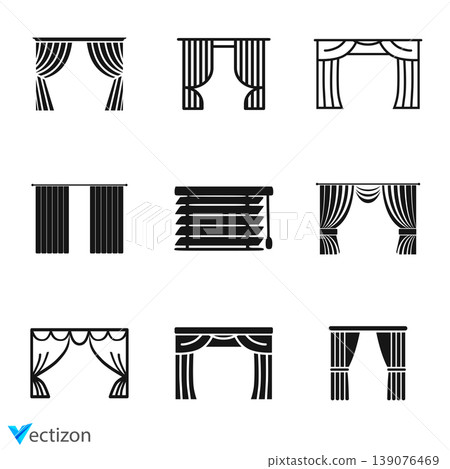 Window blinds icons set. Statutory different types of blinds, linear icon collection. Window blinds icons set. Statutory different types of blinds, linear icon collection. 139076469