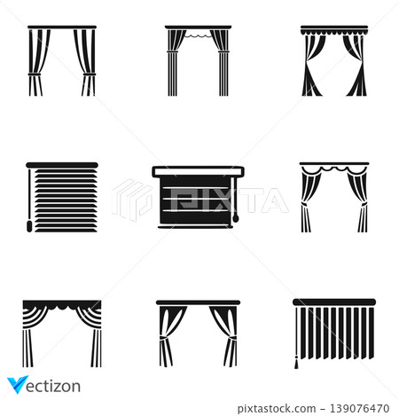 Window blinds icons set. Statutory different types of blinds, linear icon collection. Window blinds icons set. Statutory different types of blinds, linear icon collection. 139076470