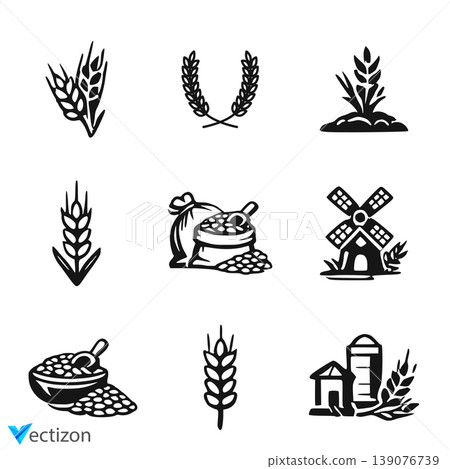 Wheat icon set. Collection of black wheat ear Wheat icon set. Collection of black wheat ear 139076739