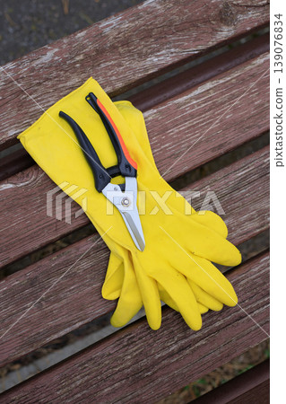 Yellow rubber gardening gloves and sharp pruning shears for pruning bushes, top view. Professional gardening tools for spring plant care and landscape design. Yellow rubber gardening gloves and sharp pruning shears for pruning bushes, top view. Professional gardening tools for spring plant care and landscape design. 139076834