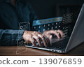 A person typing on a laptop with a digital hologram calendar and task list interface, symbolizing online scheduling, time management, productivity, and business organization in modern technology. 139076859