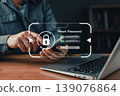 Man using smartphone to reset password with digital security interface, representing cybersecurity, data protection, account recovery, and safe online access concept. 139076864