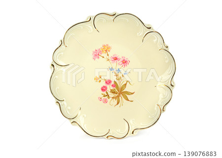 Elegant Ceramic Dessert Dish with Gold Trim and Flowers Elegant Ceramic Dessert Dish with Gold Trim and Flowers 139076883