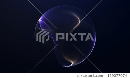 Dark abstract sphere with purple and gold light lines on deep blue background. Soft glow, elegant curves and minimal futuristic digital atmosphere. Dark abstract sphere with purple and gold light lines on deep blue background. Soft glow, elegant curves and minimal futuristic digital atmosphere. 139077074