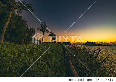 The beautiful scenery of Okinawa, with its beach and palm trees bathed in the sunset. The beautiful scenery of Okinawa, with its beach and palm trees bathed in the sunset. 139077315