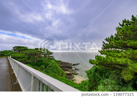A tranquil coastal scene of Ishigaki Island, with the sea and greenery stretching out under a cloudy sky. A tranquil coastal scene of Ishigaki Island, with the sea and greenery stretching out under a cloudy sky. 139077325