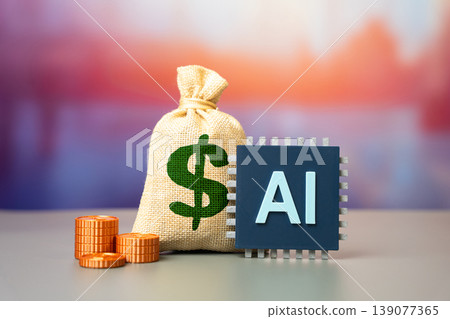An AI chip and a dollar bag of cash. Investments in AI technology. Increased revenue after integrating AI agents into work. Automation and fintech. Cloud computing scaling business profitability. An AI chip and a dollar bag of cash. Investments in AI technology. Increased revenue after integrating AI agents into work. Automation and fintech. Cloud computing scaling business profitability. 139077365