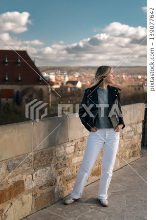 Woman Looking Away at Scenic European Viewpoint Woman Looking Away at Scenic European Viewpoint 139077642