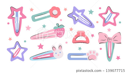 Set of diverse hair clips with cute decorations including star, strawberry, bunny and bow. Colorful hair accessories for girl in flat vector style. Fashionable elements for hair design. 139077715