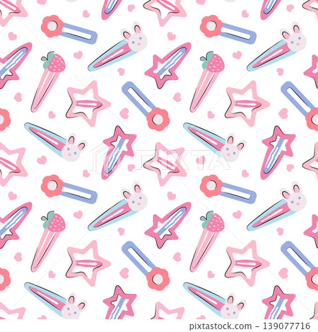 Seamless pattern with cute hair clips for girl. Decorative Hairpins, hair accessory with rabbit, strawberry, star, flower shape. Kawaii style background for textile, wrapping paper and fashion product 139077716