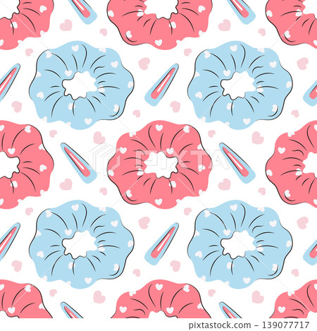 Seamless pattern with hair scrunchies and hair clips. Cute accessories for girl hair styling. Cartoon art style drawing for textile background, wallpaper or wrapping paper design. 139077717