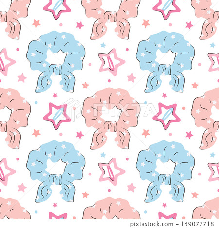 Seamless pattern with hair ties and for hair star clips. Cute textile background design with fashionable accessories for girls. Flat kawaii illustration for wallpaper decor in childrens rooms 139077718