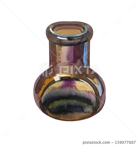 Hand drawn watercolor illustration of a round brown glass bottle or chemistry flask. This vintage-style glassware features rich amber and purple tones with realistic reflections, perfect for antique Hand drawn watercolor illustration of a round brown glass bottle or chemistry flask. This vintage-style glassware features rich amber and purple tones with realistic reflections, perfect for antique 139077887