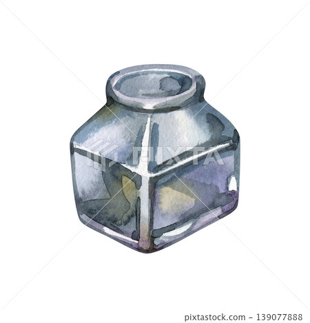 Hand drawn watercolor illustration of a square blue glass inkwell or jar. This vintage-style stationery element features realistic reflections, soft transparency, and watercolor textures, ideal for Hand drawn watercolor illustration of a square blue glass inkwell or jar. This vintage-style stationery element features realistic reflections, soft transparency, and watercolor textures, ideal for 139077888