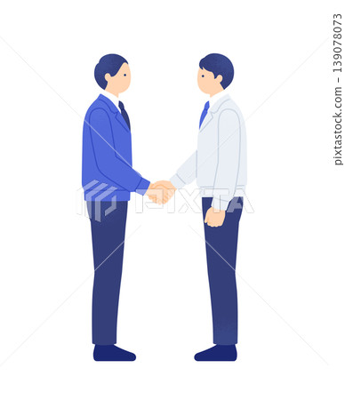 Vector illustration of two men in work clothes shaking hands, representing a cooperative relationship. Vector illustration of two men in work clothes shaking hands, representing a cooperative relationship. 139078073