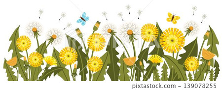 Decorative border with blooming dandelions, leaves and flying seeds. Fresh spring and summer botanical vector design suitable for cards, packaging and textile. Decorative border with blooming dandelions, leaves and flying seeds. Fresh spring and summer botanical vector design suitable for cards, packaging and textile. 139078255
