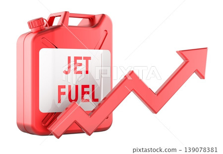 Jet fuel canister with rising arrow chart. Jet fuel price increase, concept. 3D rendering 139078381