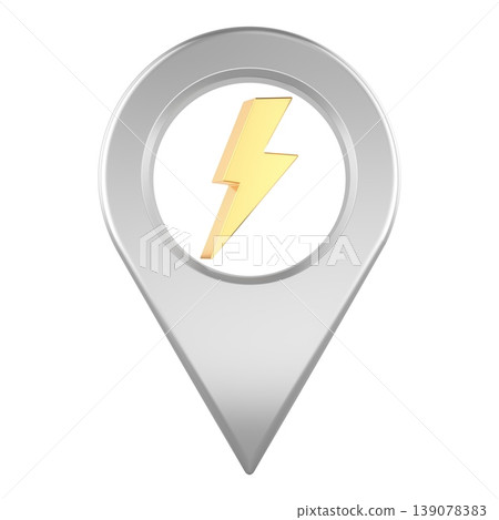 Location pin with gold lightning bolt. Energy point or charging station, concept. 3D rendering Location pin with gold lightning bolt. Energy point or charging station, concept. 3D rendering 139078383