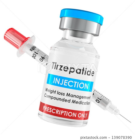 Tirzepatide injection vial with syringe for weight management. 3D rendering 139078390