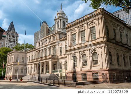 New york, usa august 15,2024. New york city hall in lower manhattan historic neoclassical government building and civic landmark under a clear summer sky New york, usa august 15,2024. New york city hall in lower manhattan historic neoclassical government building and civic landmark under a clear summer sky 139078809
