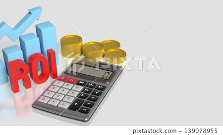 Return on Investment ROI Analysis with Calculator Coins and Growth Chart 3d render. 139078955